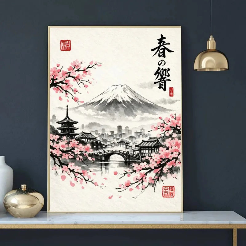 Tableau Paysage Peinture à l'Encre Japonaise Fleurs de Cerisier de Printemps Impression sur Toile Affiche Murale Style Asiatique pour Salon Décoration Maison Cadeau