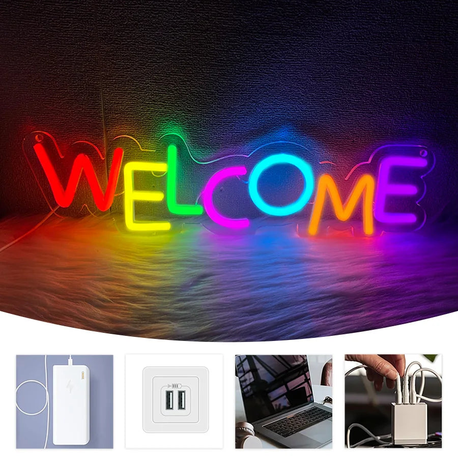 Letrero de neón de bienvenida, lámpara de pared comercial alimentada por USB, muy adecuado para restaurantes, salones, bares, cafeterías, decoración de tiendas.