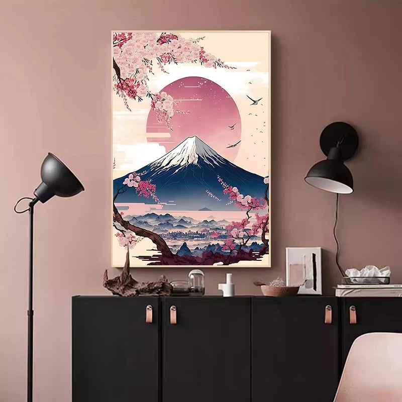Affiche Scène de Tokyo Coucher de Soleil Mont Fuji Fleur de Cerisier Japonais Toile Imprimée HD Peinture Murale Photos Décoration Maison