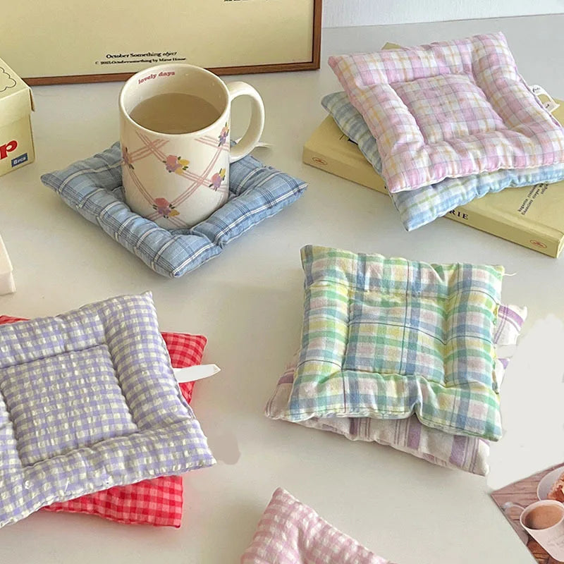 Lattice Series Multi-color Square Korean Cotton Coasters Fresh Table Cloth Heat Insulation Mat Coffee Cup Placemat Table Decor