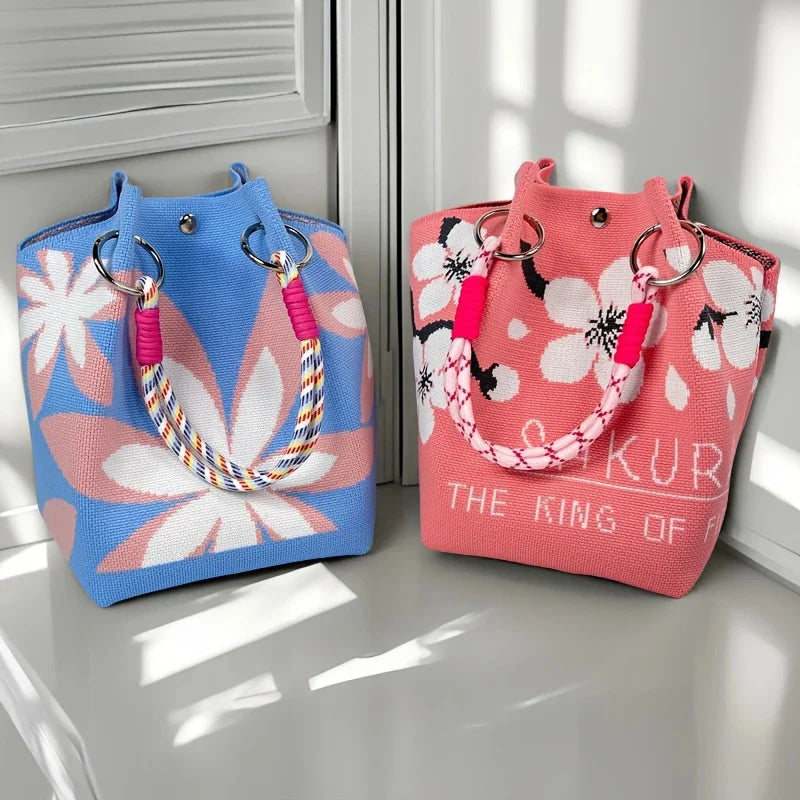 Bolso tote de punto vintage floral para mujer, bolsa de almacenamiento ligera con correas ajustables y anillos de metal, cierre de broche para viajes casuales