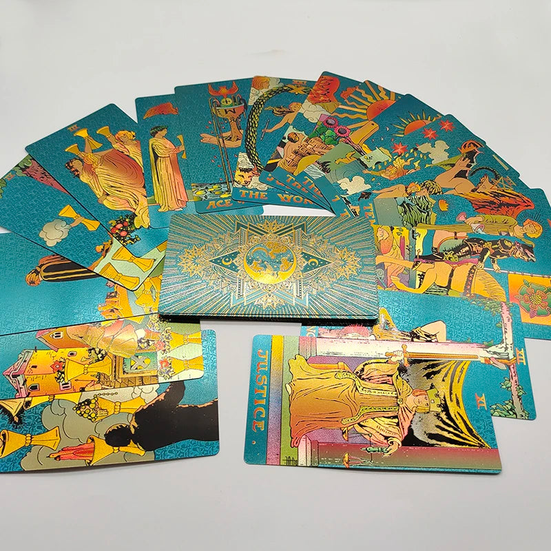Nouvelles cartes de tarot dorées, magnifique jeu étanche, jeu de société mystère, oracle de divination coloré avec boîte cadeau