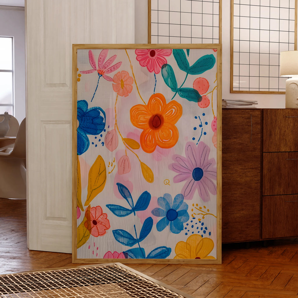Póster de pintura en lienzo con estampados de arte de pared de flores modernas rosas, azules y amarillas entrelazadas para decoración del hogar de la sala de estar