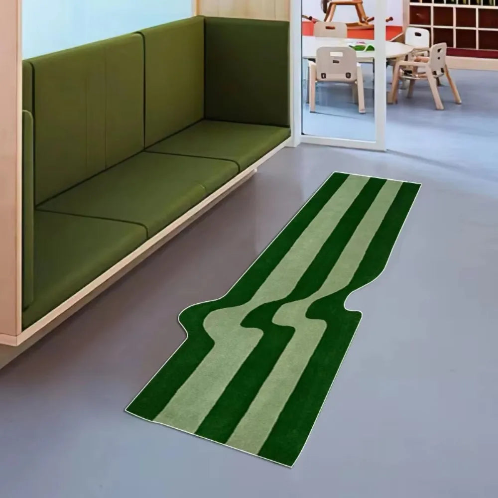 Alfombra a Rayas Onduladas Verde Oscuro VIKAMA, Antideslizante para Cabecera de Dormitorio, Estilo Nórdico, Alfombra de Suelo para Sala de Estar, Dormitorio, Decoración del Hogar
