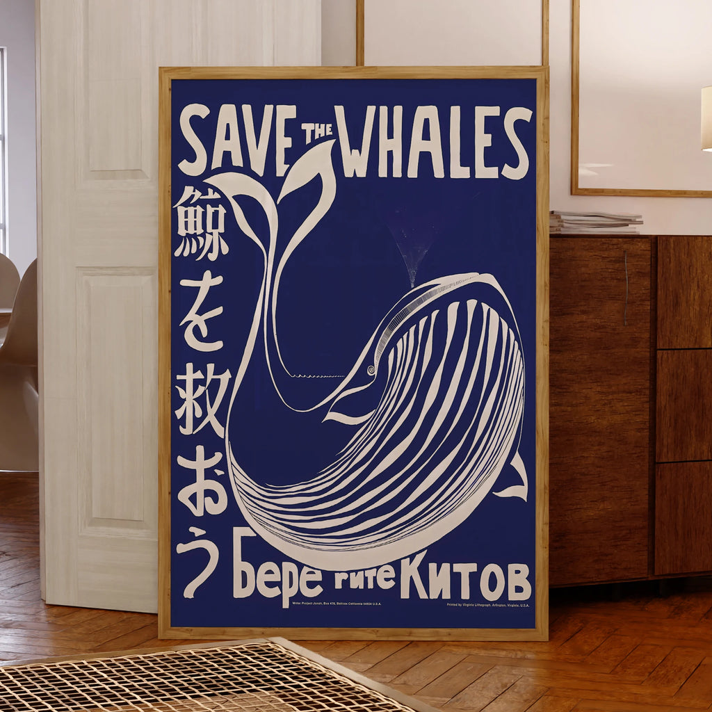 Póster de arte de pared moderno japonés retro azul Salva a las ballenas, impresiones en lienzo, cuadro para sala de estar, decoración del hogar