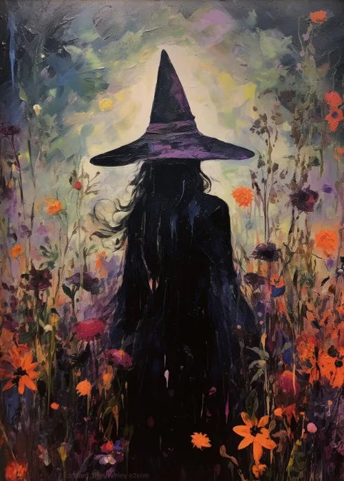 Estampa artística de bruja, bruja con luna llena, decoración de pared, pintura de brujas en la oscuridad, decoración de pared, póster de lienzo, decoración romántica oscura