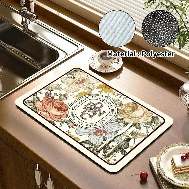 VIKAMA Mantel Individual Súper Absorbente de Mármol Negro para Secar Platos, Alfombrilla Antideslizante para Botellas de Cocina, Vajilla de Lujo para Tetera, Bar, Mostrador