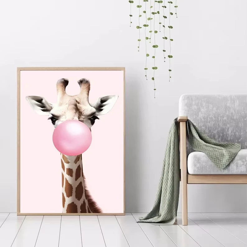 Affiche murale toile d'art mignonne de girafe panda rose, lapin, guépard, zèbre soufflant de la gomme à bulles, peinture pour chambre d'enfant, décoration d'impression animale