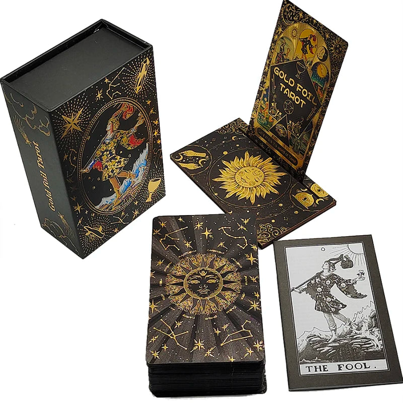 Baraja de tarot con lámina dorada Divinative Luxe Finish para juego de mesa fantástico predictivo con soporte de madera para cartas