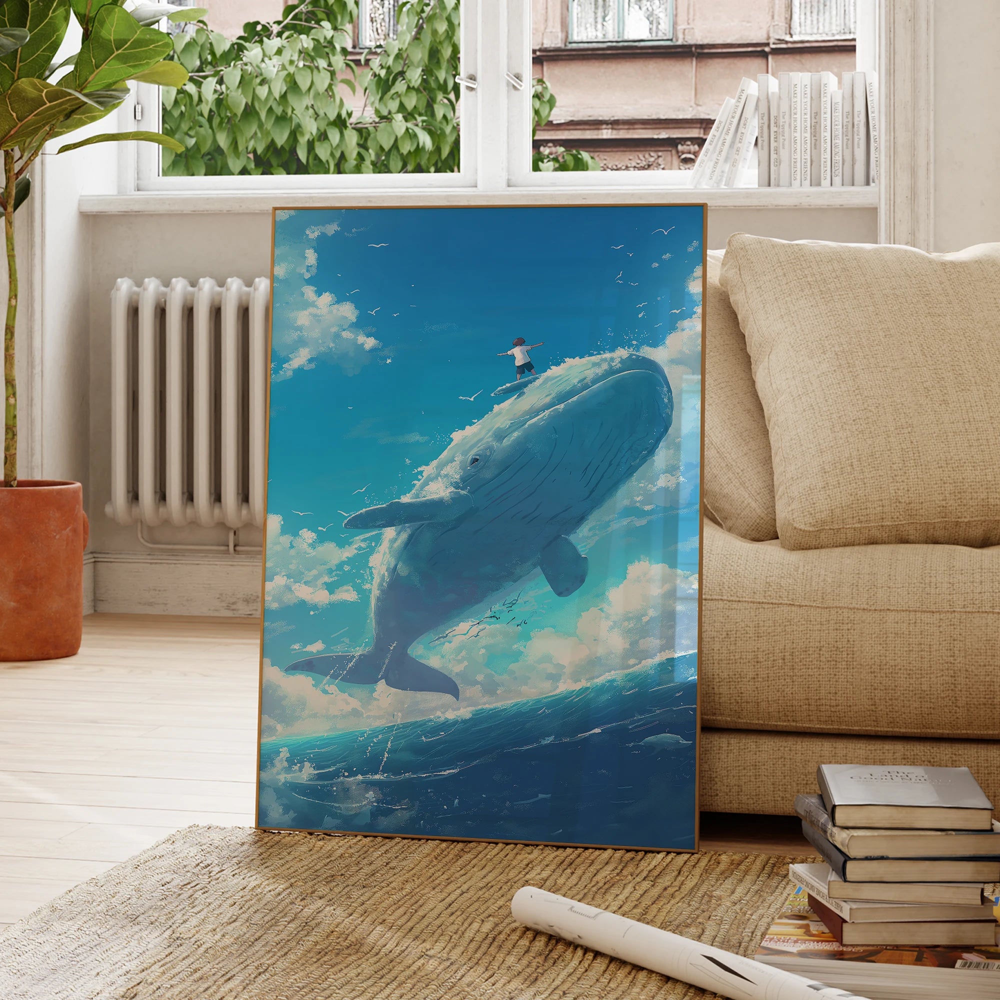 Photo moderne Ciel Bleu et Nuages Blancs Baleines Art Mural Impressions sur Toile Peinture Affiche Image pour Salon Chambre Décoration Intérieure