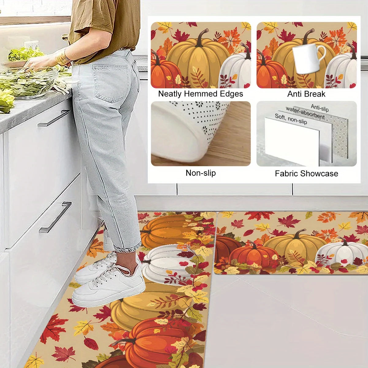 VIKAMA Tapis de Thanksgiving Citrouille Feuille d'érable Tapis de cuisine Tapis long Paillasson Salon Chambre Canapé Tapis de sol doux