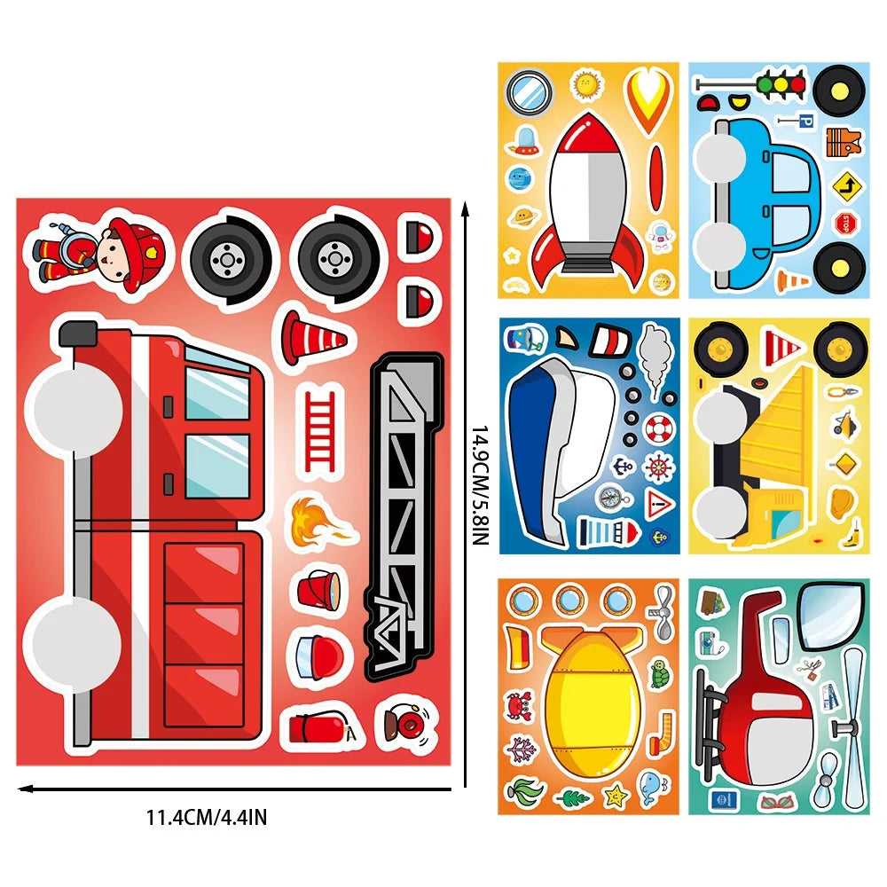 8/16/24PCS Dibujos Animados Transporte Coche Pegatinas de Rompecabezas que Cambian la Cara DIY Decoración Guitarra Casco Cuaderno Papelería Pegatinas