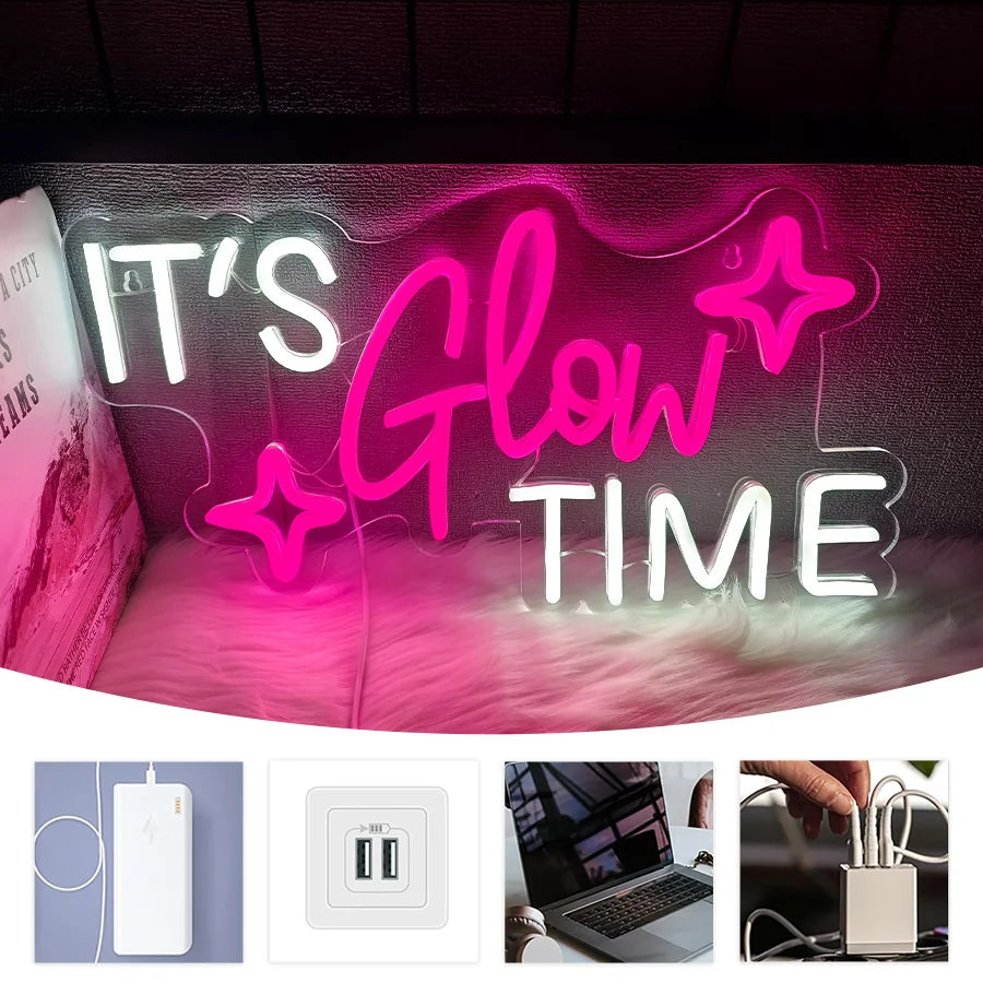 Enseigne Néon « It's Glow Time », Icône Cœur Rose Faite Main Alimentée par USB, Utilisée pour les Enterrements de Vie de Garçon, les Salons de Beauté, la Décoration Artistique des Salons de Manucure.