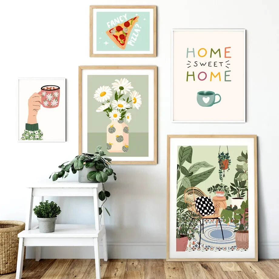 Plantas Tropicales Margarita Jarrón Pizza Taza de Café Comida Carteles Abstractos Láminas Arte de Pared Lienzo Fotos Boho Cocina Sala de Estar Decoración