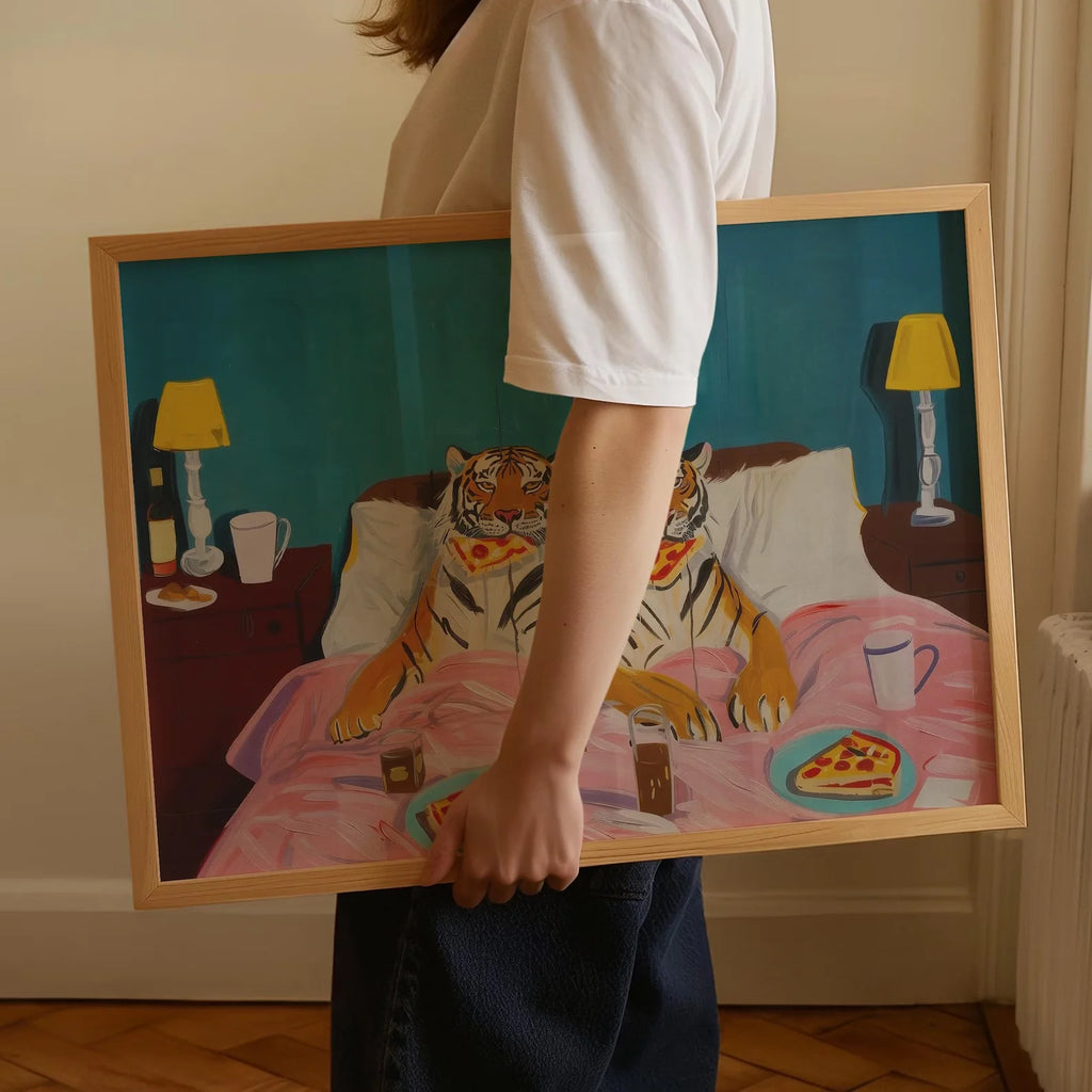 Cuadro de Arte de Pared Tigre Pizza: Arte de Pared Retro Decoración Dopamina, Impresión de Arte de Creatividad, Impresión Grande para el Hogar