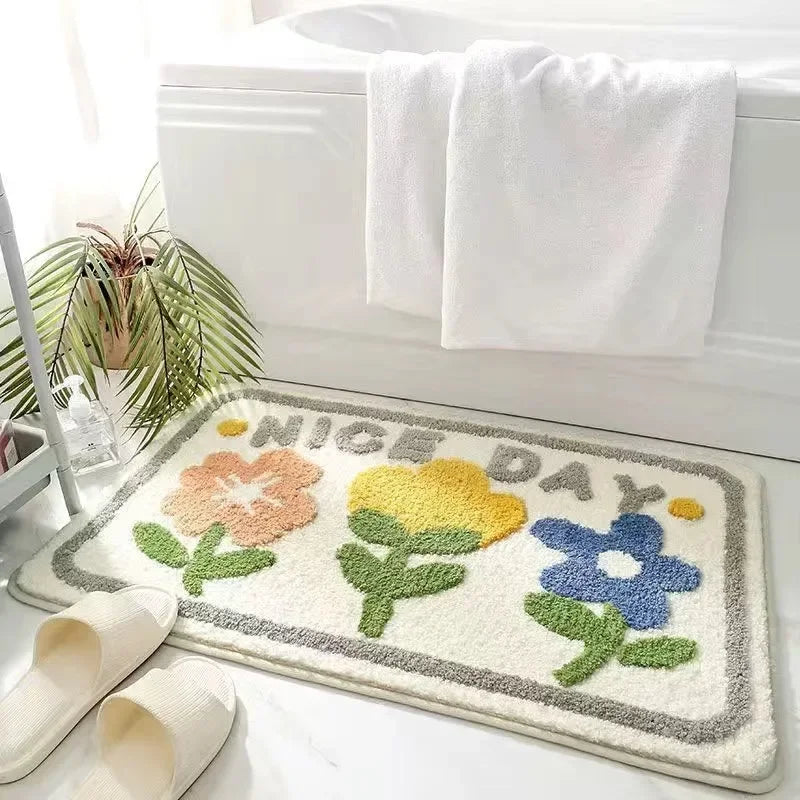 VIKAMA | Alfombra de cachemira sintética con flores frescas - Antideslizante, alfombrilla de baño absorbente/felpudo para salón/alfombrilla multiusos