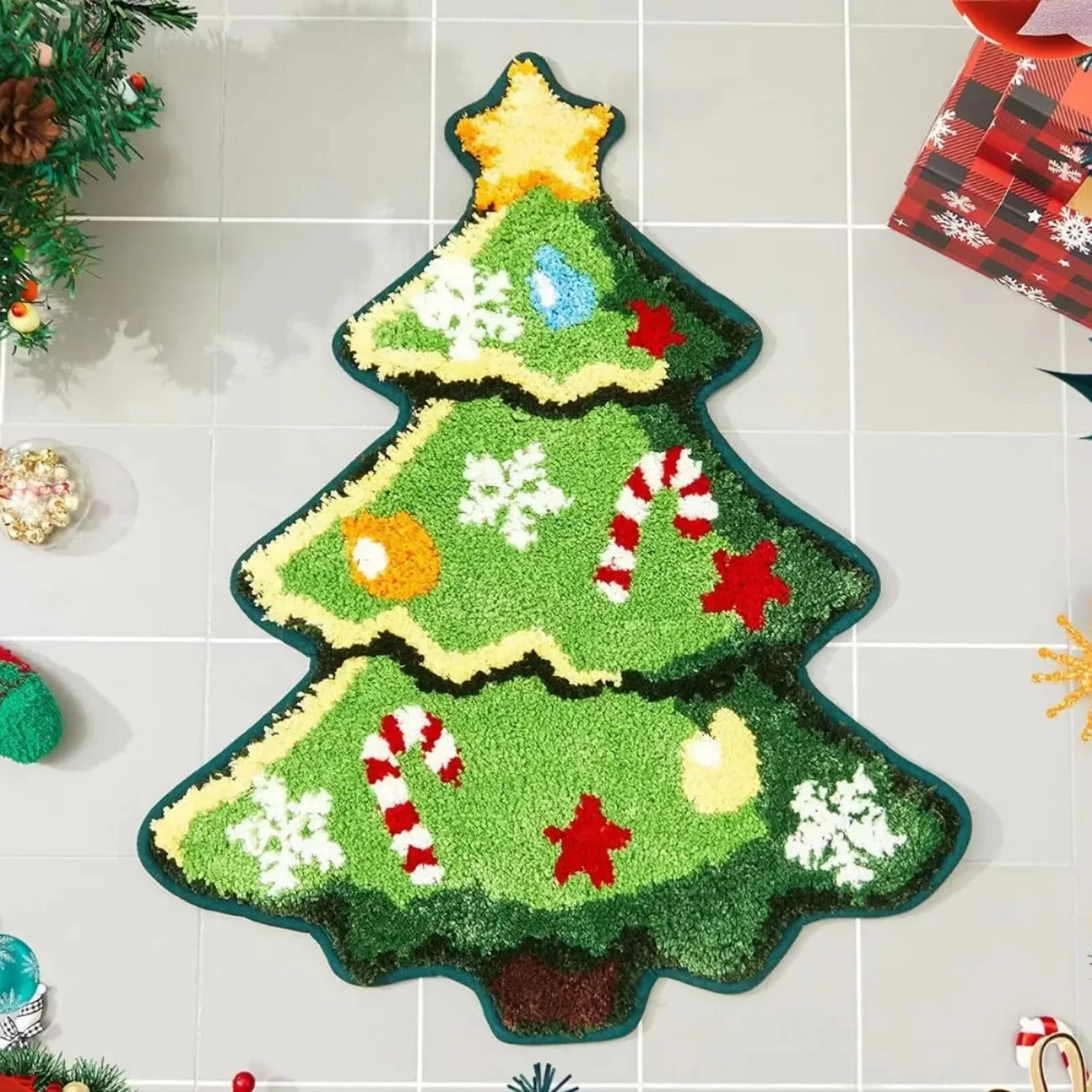 Alfombra de lana tipo VIKAMA de árbol de Navidad de dibujos animados, alfombrilla antideslizante suave, felpudo de entrada, ambiente festivo, decoración del hogar
