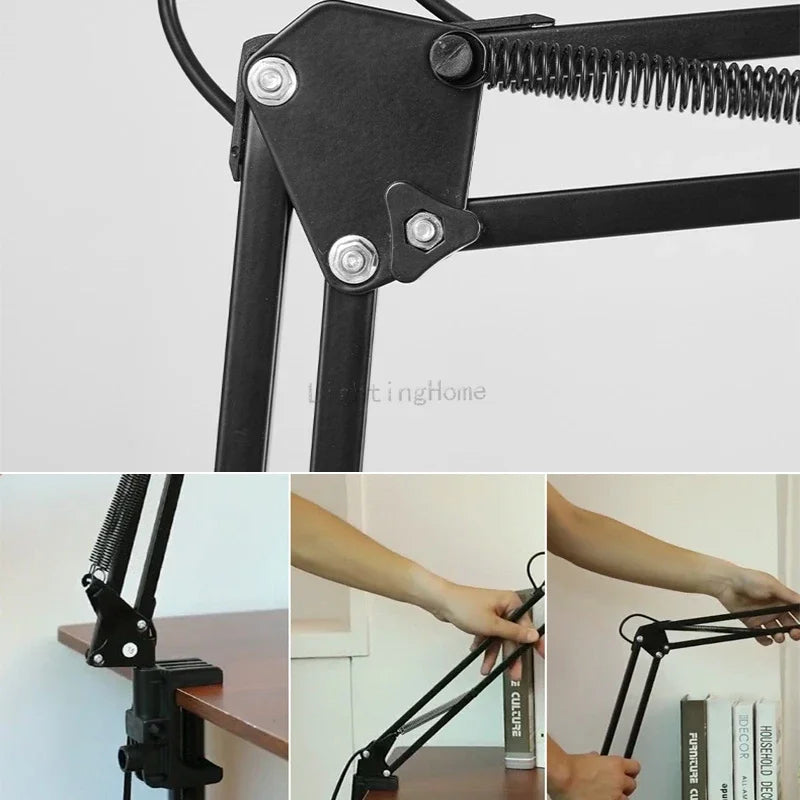 Lampe de bureau LED de protection oculaire à bras long, pliable, à pince, pour l'apprentissage, le nail art, la broderie, la photographie et l'éclairage d'appoint.