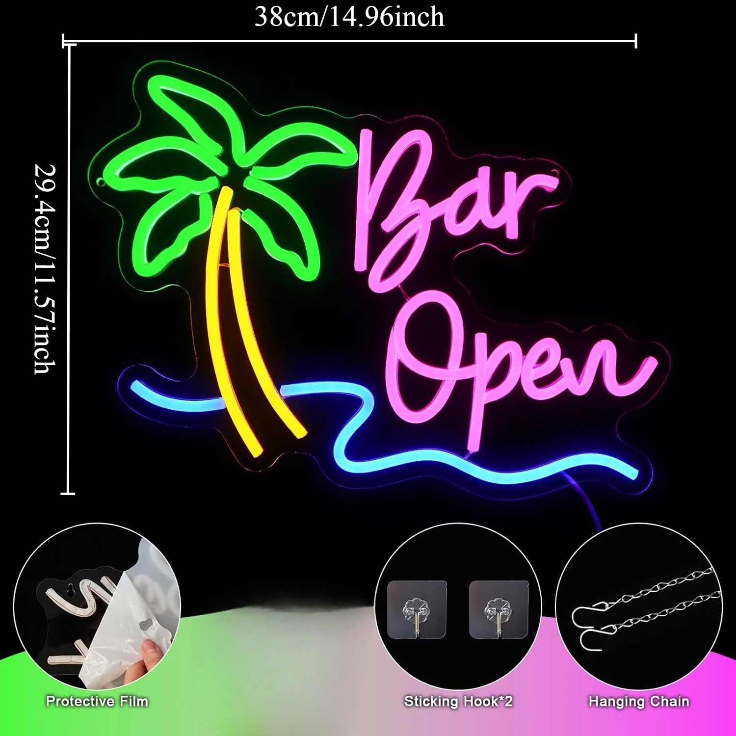 Enseigne lumineuse néon LED "Bar Open", alimentée par USB, pour décoration murale, salle de jeux, caverne d'homme, club, bar, cadeaux d'anniversaire ou d'Halloween