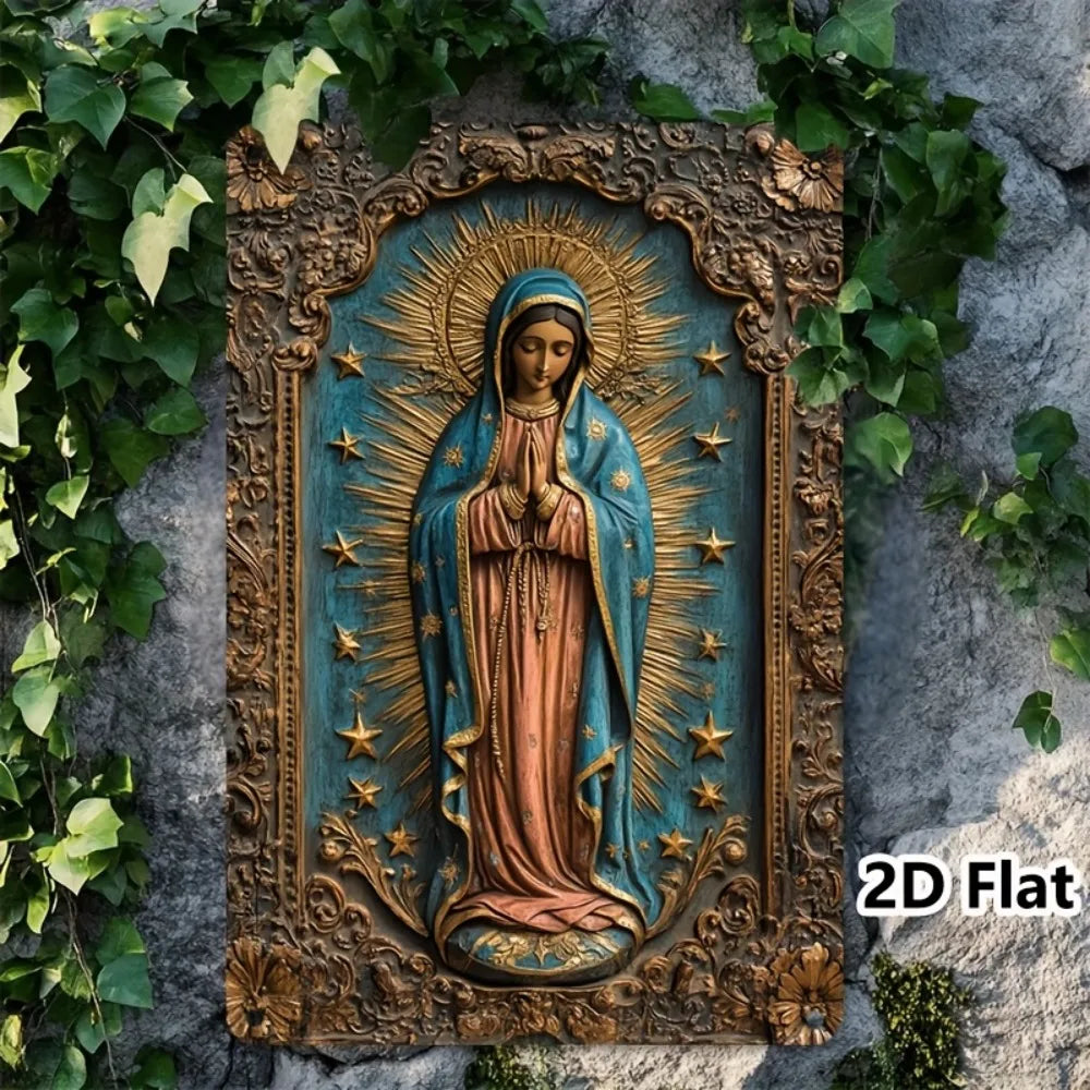 Letrero metálico vintage de la Virgen de Guadalupe - Placa de aluminio Golden Star de 8x12", decoración interior y exterior para garaje