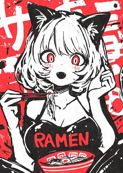 Cat Ear Anime Girl Eating Ramen Poster Aesthetic Anime Ramen Art Prints Japanese Style Cartoon Decor Sexy Girl Canvas Painting