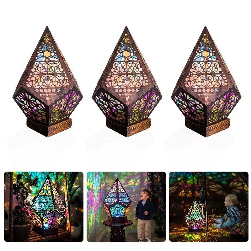 Lámpara de Noche LED Hueca de Madera con Proyección  Lámpara de Escritorio con Proyector Bohemio Colorido Decoración del Hogar Iluminación de Ambiente Festivo