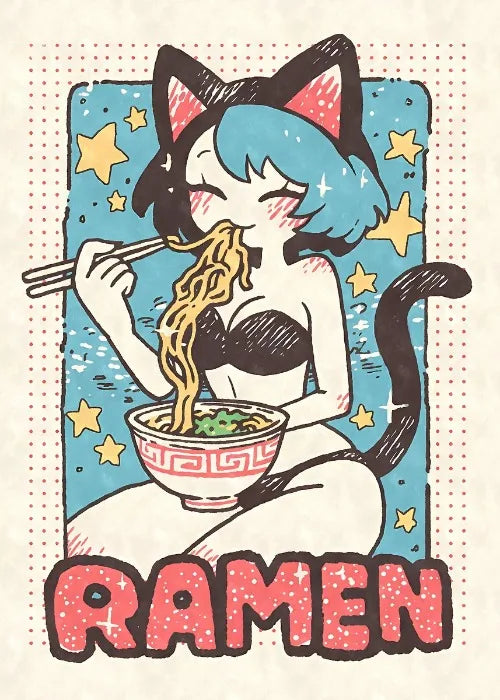 Cat Ear Anime Girl Eating Ramen Poster Aesthetic Anime Ramen Art Prints Japanese Style Cartoon Decor Sexy Girl Canvas Painting