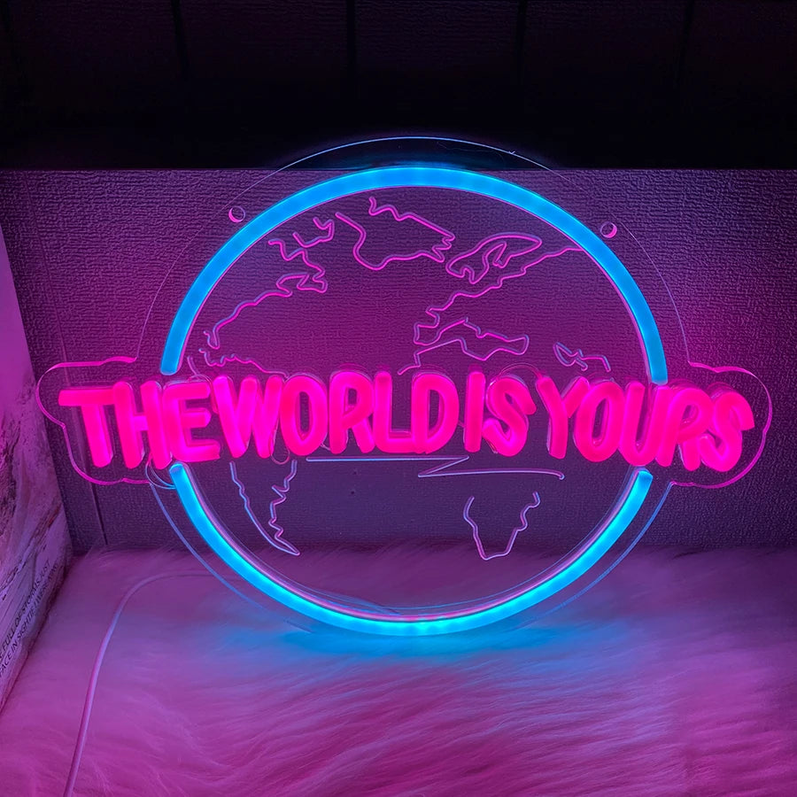 Néon LED Le Monde Est À Vous, Enseigne en forme de Terre Sculpture 3D, Utilisé pour la décoration de chambre à coucher, de club et de salle de jeux, Alimenté par USB.