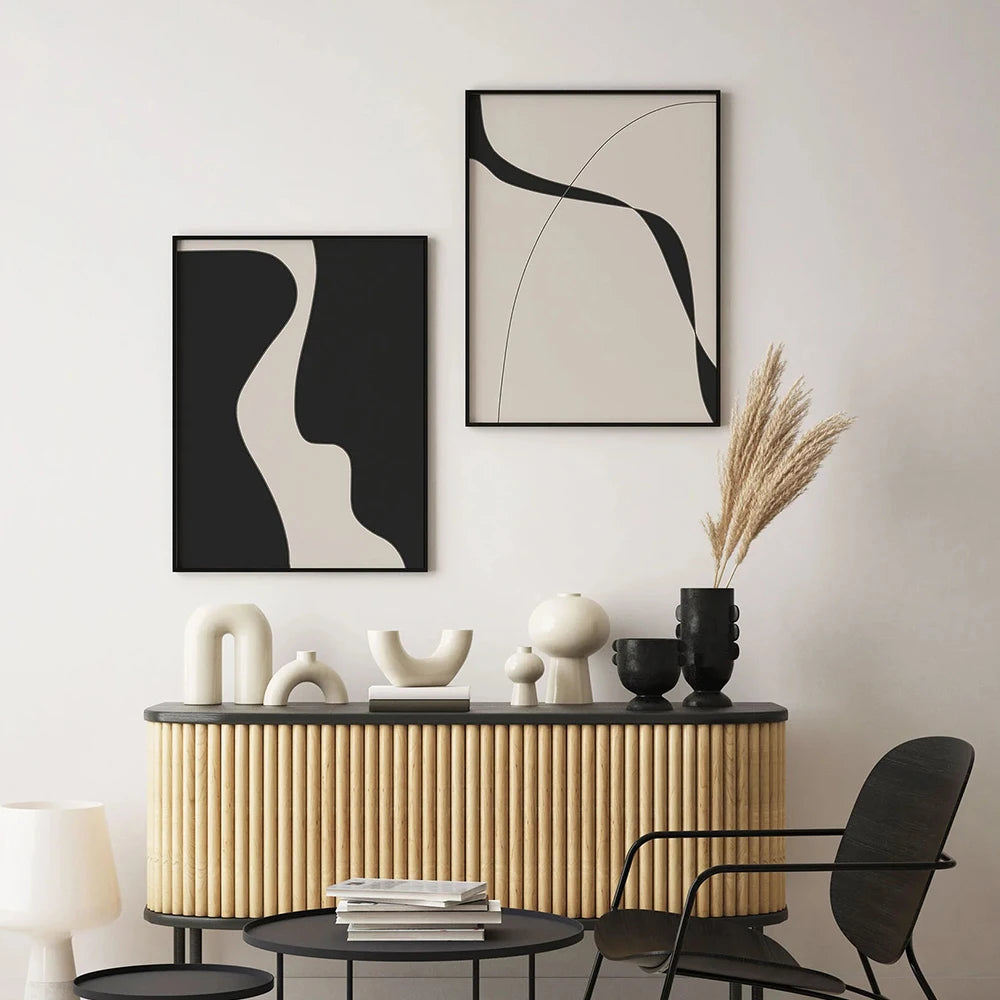 Tableau d'art mural moderne, motif abstrait minimaliste, dessin au trait, poster beige et noir, toile pour décoration de salon