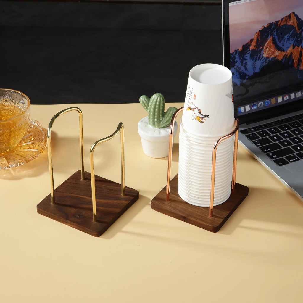 Soporte de almacenamiento de vasos desechables de metal, dispensador de tazas de agua y té, estante con base de madera, soporte de exhibición de tazas, organizador para el hogar