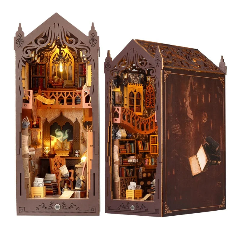 DIY Miniature House Bookend Sensor Light, Wooden Craft Kit for Adults - Magic Bookshelf Decor, Creative Christmas Gift Collectio