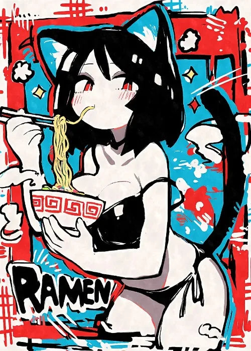 Póster de chica anime con orejas de gato comiendo ramen, estética, arte de anime de ramen, impresiones de estilo japonés, decoración de dibujos animados, pintura en lienzo de chica sexy