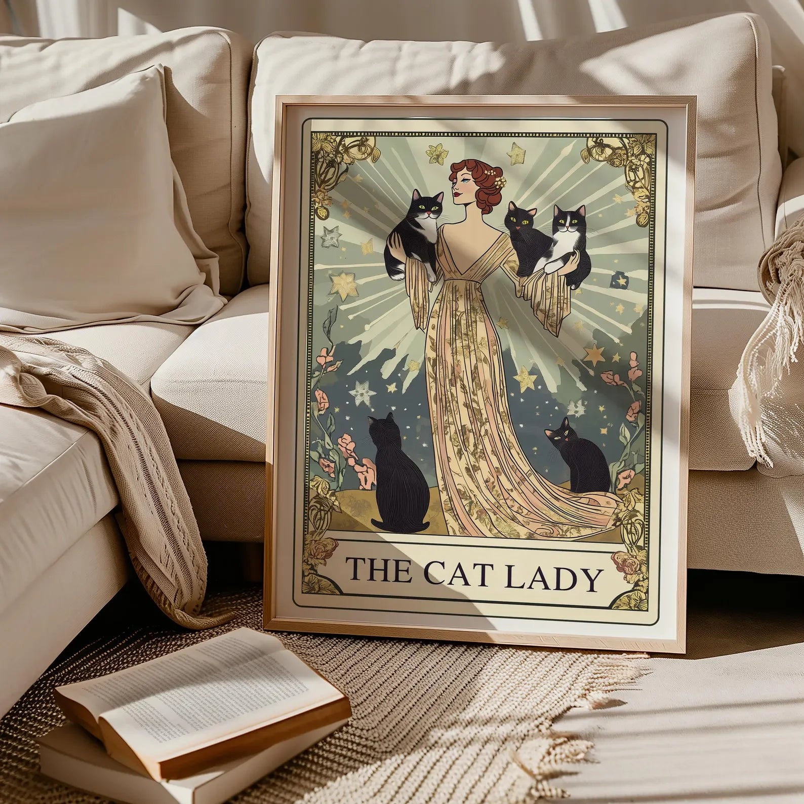 Lámina de Tarot La Dama Gata, Arte de Pared Modernista para Amantes de los Gatos, Póster Vintage de Gatos, Regalo para Mamá Gata, Lámina de Gato Única, Decoración de Apartamento