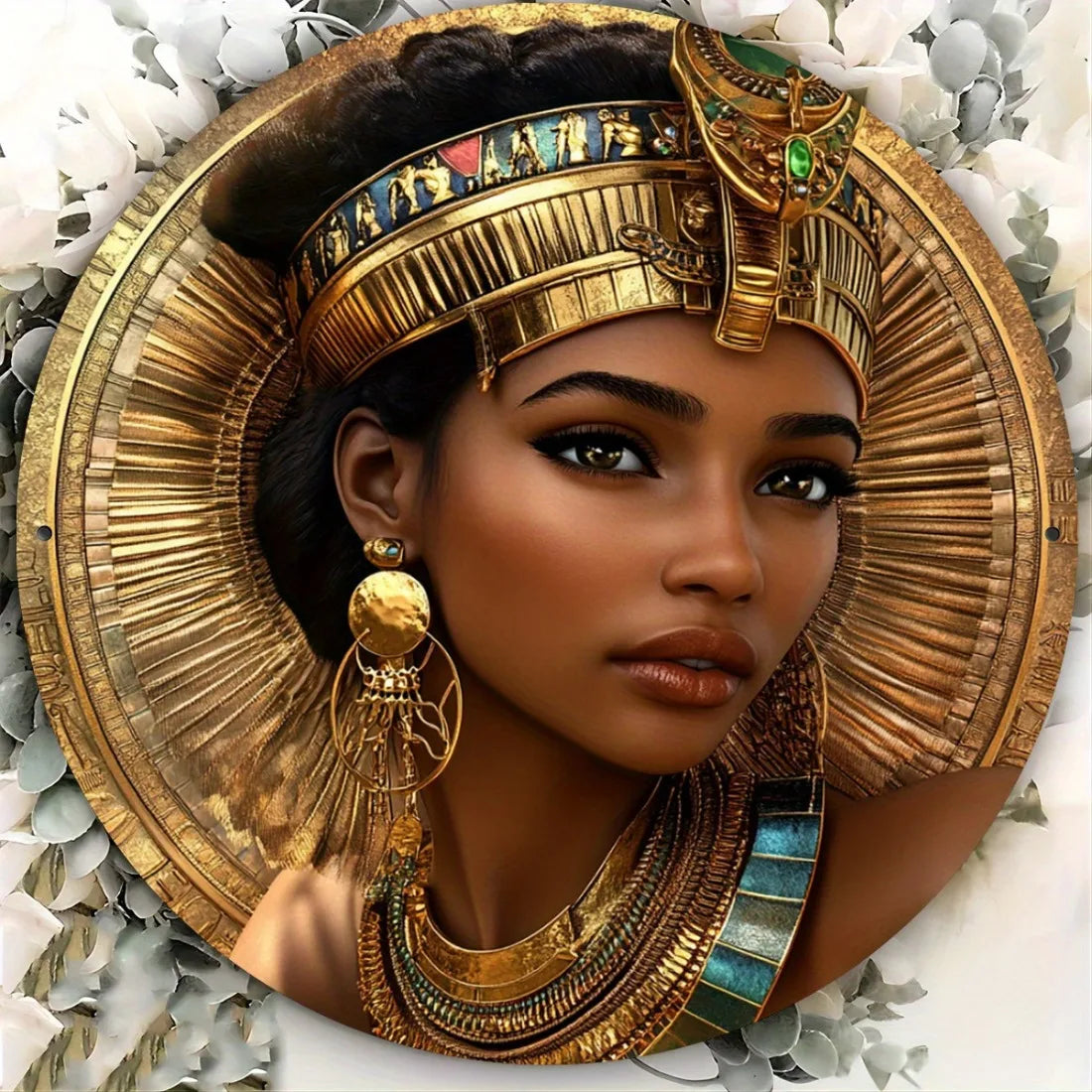 Egyptian Queen Metal Wall Art, 7.87 Inch Round Aluminum Sign with Gold Accents, Vintage Home Decor for Kitchen Office Garden Gar
