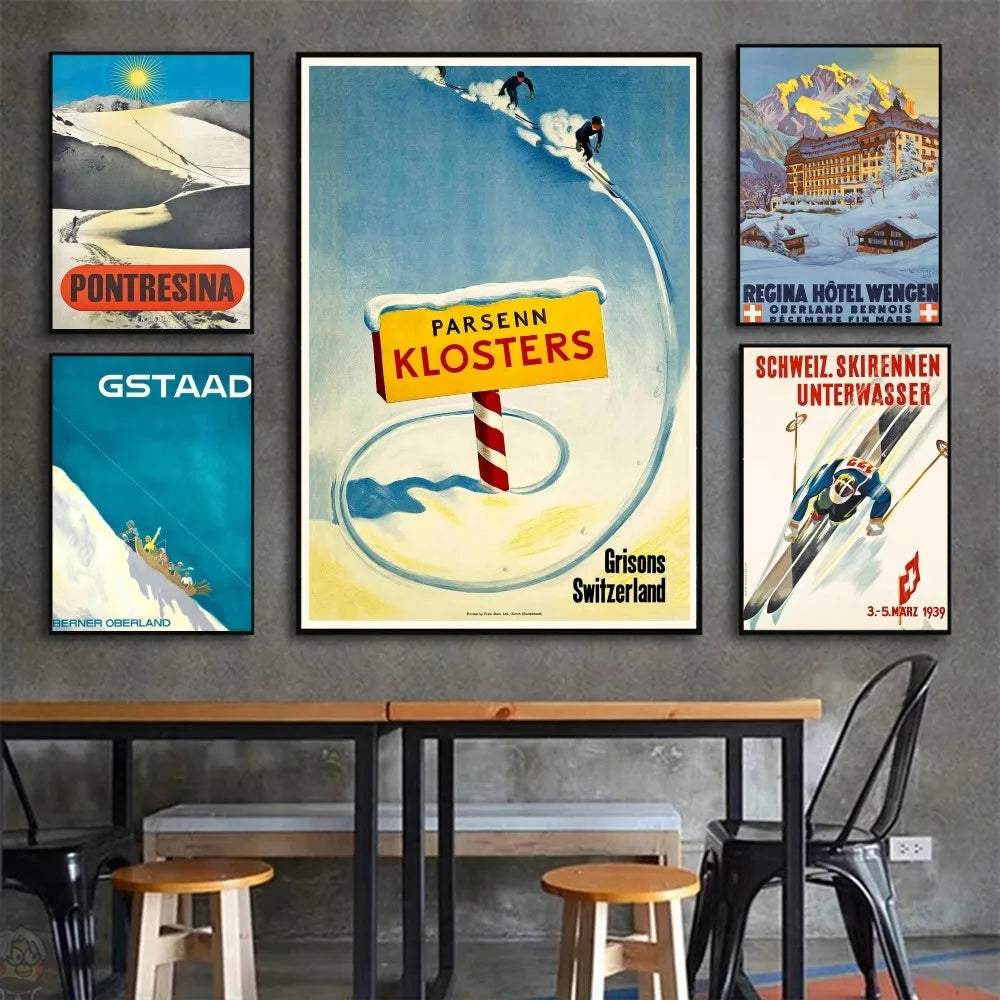 Póster de Arte de Esquí Vintage Montaña Nieve Suiza Bernesa HD Pósters Decoración Hogar Habitación Bar Cafetería Pintura Mural