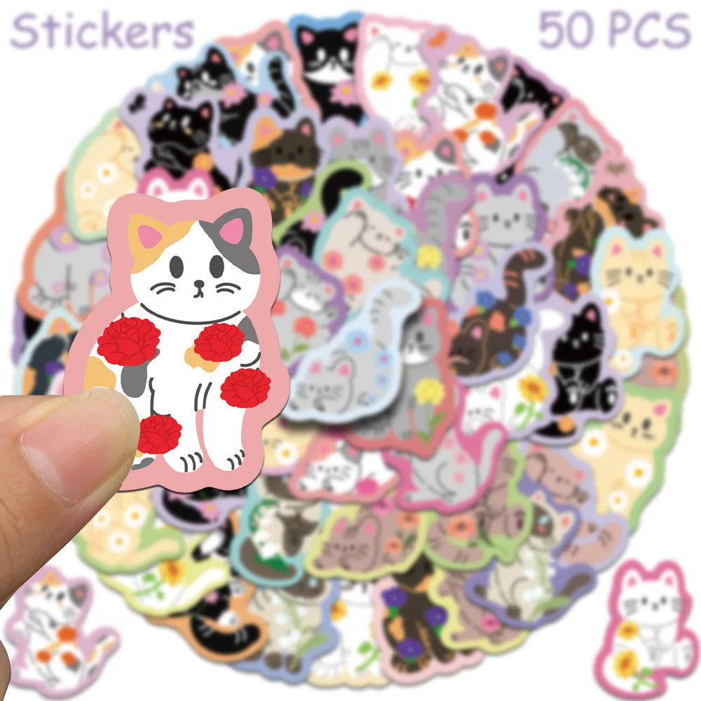 50 autocollants de dessin animé mignon chat pour ordinateur portable, scrapbooking, bagages, guitare, casque, autocollants esthétiques graffiti DIY, cadeaux créatifs
