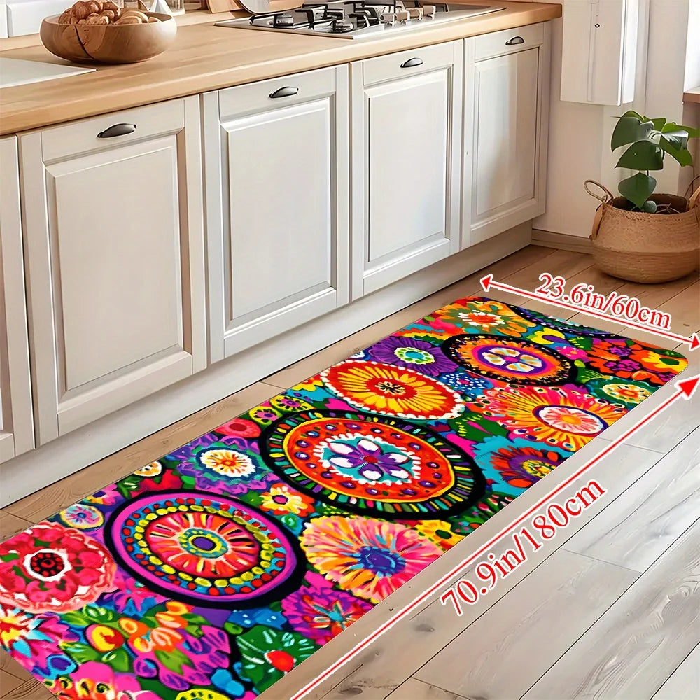 Alfombra de Flores Vintage VIKAMA Colores Brillantes Alfombra de Cocina Felpudo Alfombra de Bienvenida Alfombra Larga Alfombra de Invierno para Dormitorio Alfombra para Sala de Estar