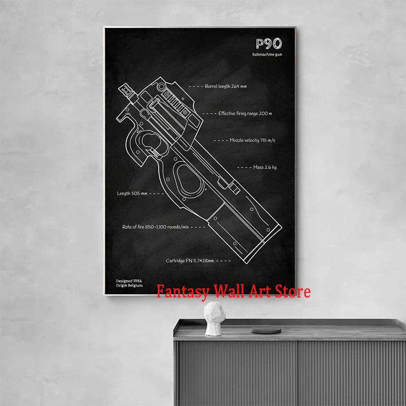 Affiche de plan d'armes Tableau noir Pistolets Plan Toile Peinture Amateurs militaires Décoration murale de chambre à coucher Fusillade
