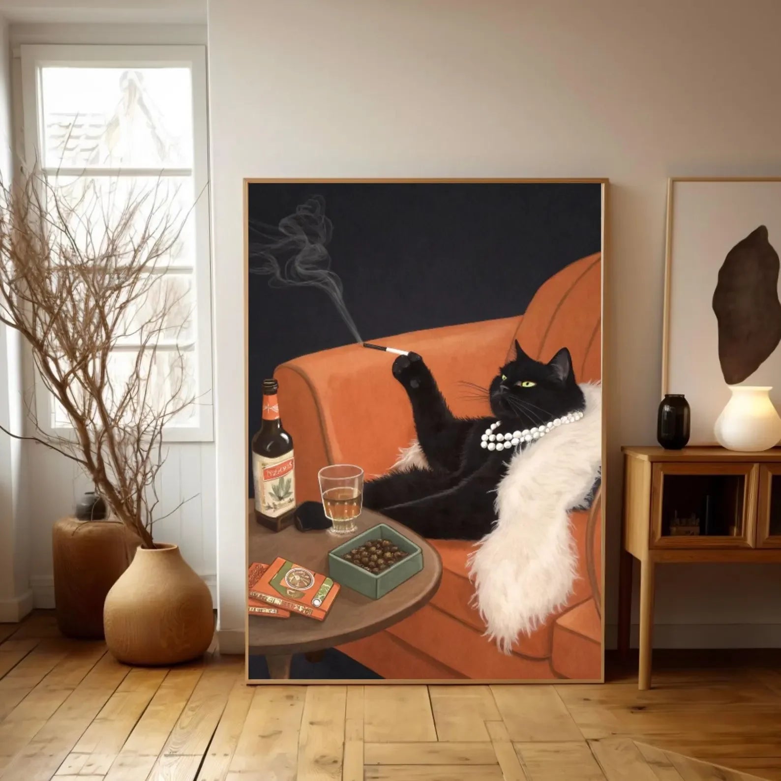 Black Cat Smoking a Cigarette Vintage Poster Art Retro Whimsical Print Funny Animal Wall Decor Poster for Bar Cart Quirky Kitche