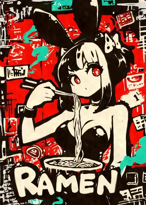 Cat Ear Anime Girl Eating Ramen Poster Aesthetic Anime Ramen Art Prints Japanese Style Cartoon Decor Sexy Girl Canvas Painting