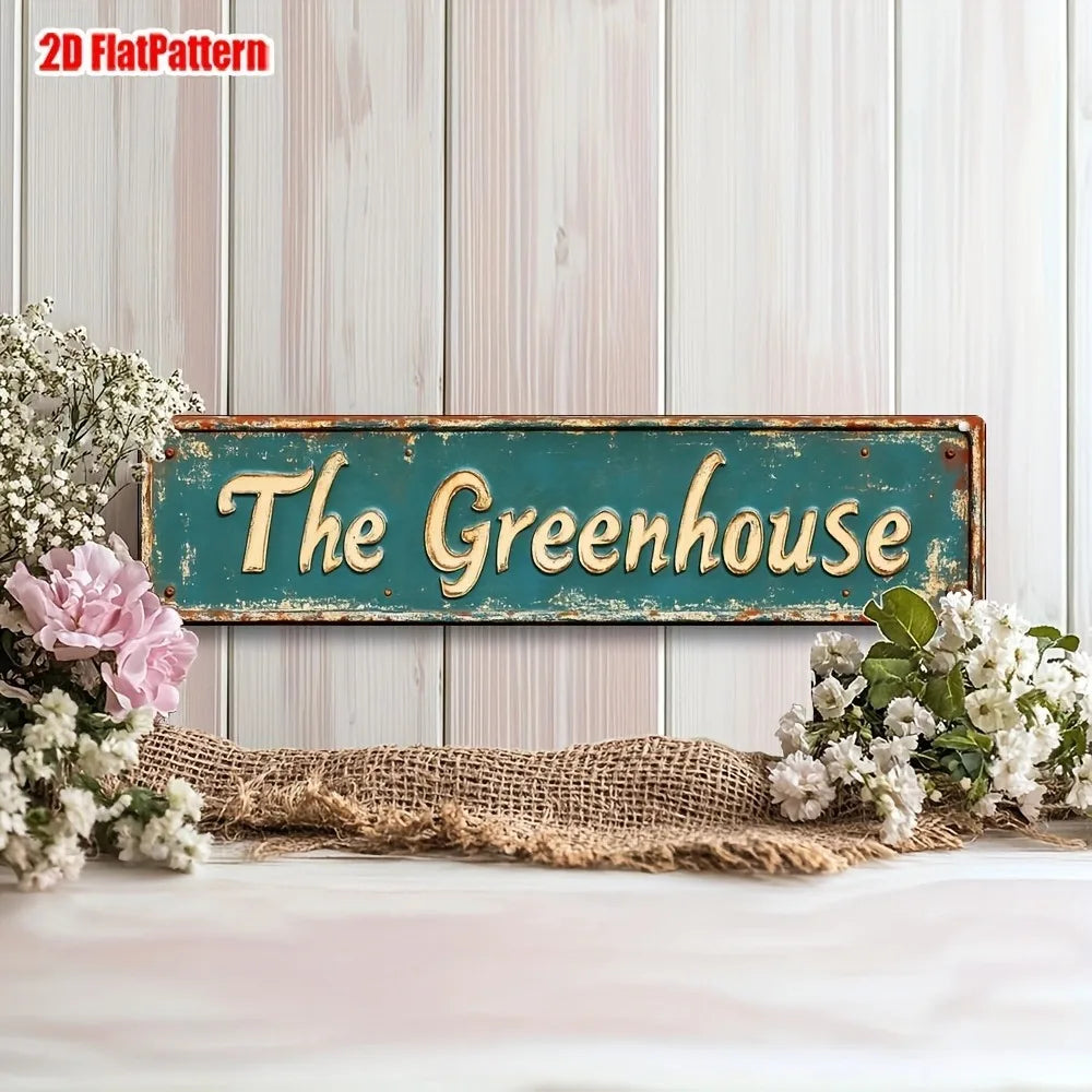 Cartel de pared metálico vintage "The Greenhouse" - 16x4" Decoración rústica de jardín, regalo de cumpleaños para tienda de plantas, arte