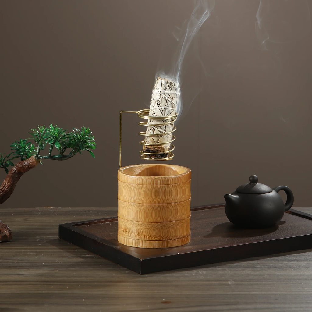 Support en bambou pour Palo Santo, brûleur en métal, support de sauge avec plateau de récupération des cendres en bambou, porte-encens pour méditation, yoga, spa