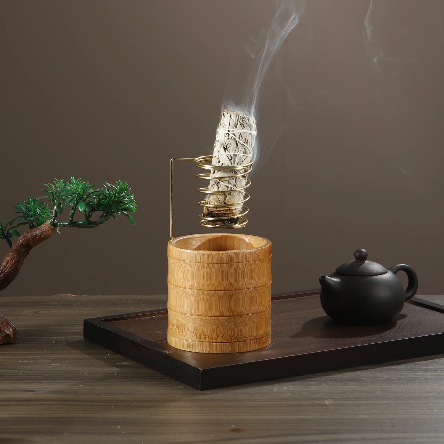 Support en bambou pour Palo Santo, brûleur en métal, support de sauge avec plateau de récupération des cendres en bambou, porte-encens pour méditation, yoga, spa