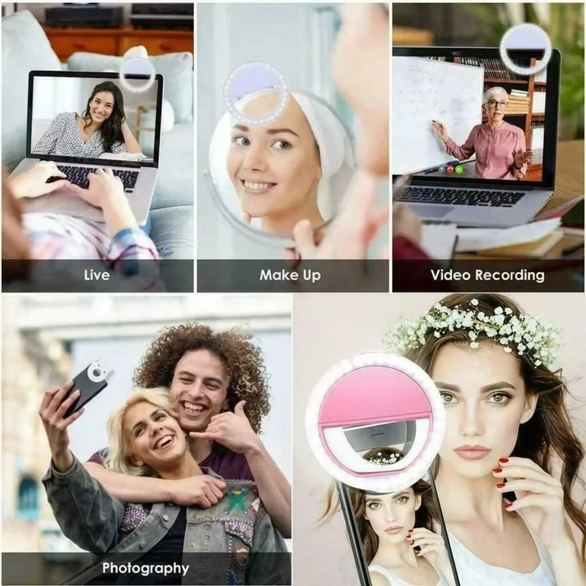 Anneau lumineux LED pour selfie, rechargeable par USB, lampe annulaire LED pour selfie de diffusion en direct sur téléphone portable, compatible avec tous les smartphones