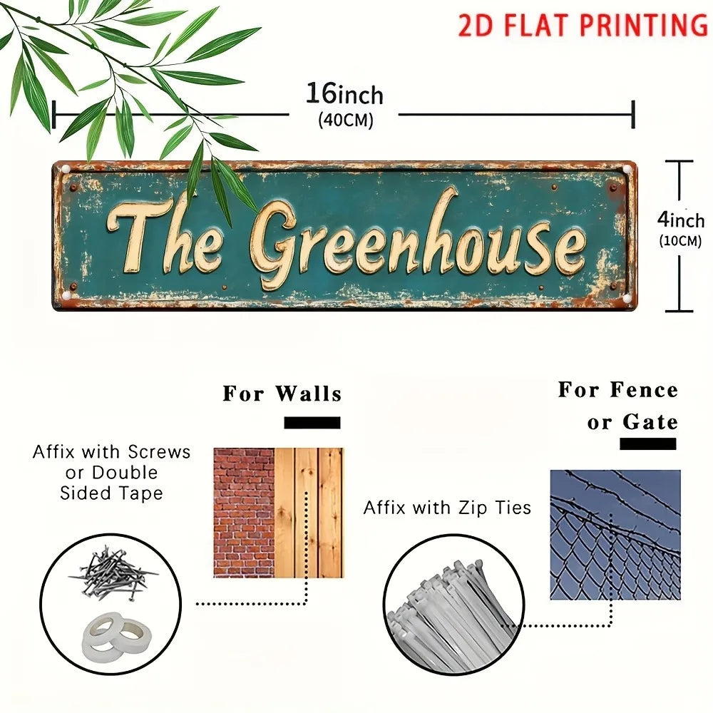 Cartel de pared metálico vintage "The Greenhouse" - 16x4" Decoración rústica de jardín, regalo de cumpleaños para tienda de plantas, arte