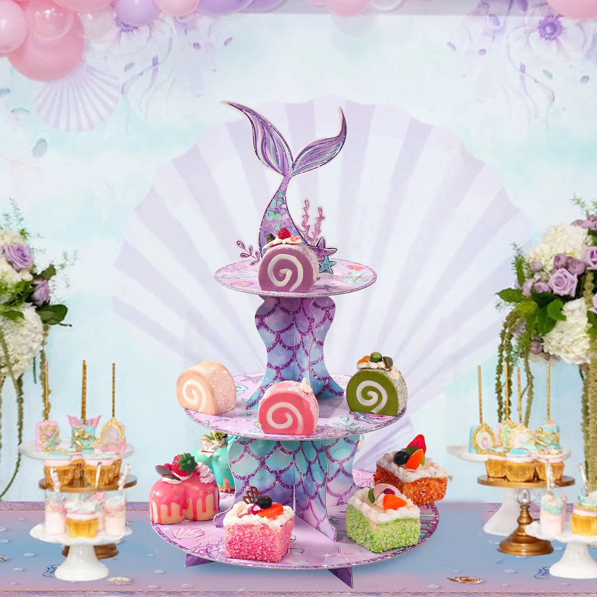 Soporte para Tartas de Sirena, Soporte para Cupcakes, Decoración de Fiesta de Cumpleaños de Sirena, Niña, La Sirenita, Baby Shower, Suministros para Fiesta Bajo el Mar
