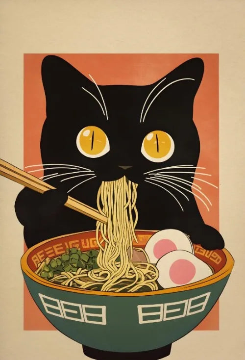 Póster Vintage Japonés Gato Comiendo Ramen Sushi Maneki Neko Arte de Pared de Cocina Gato Japonés Neko Decoración de Pared Lienzo Pintura Restaurante