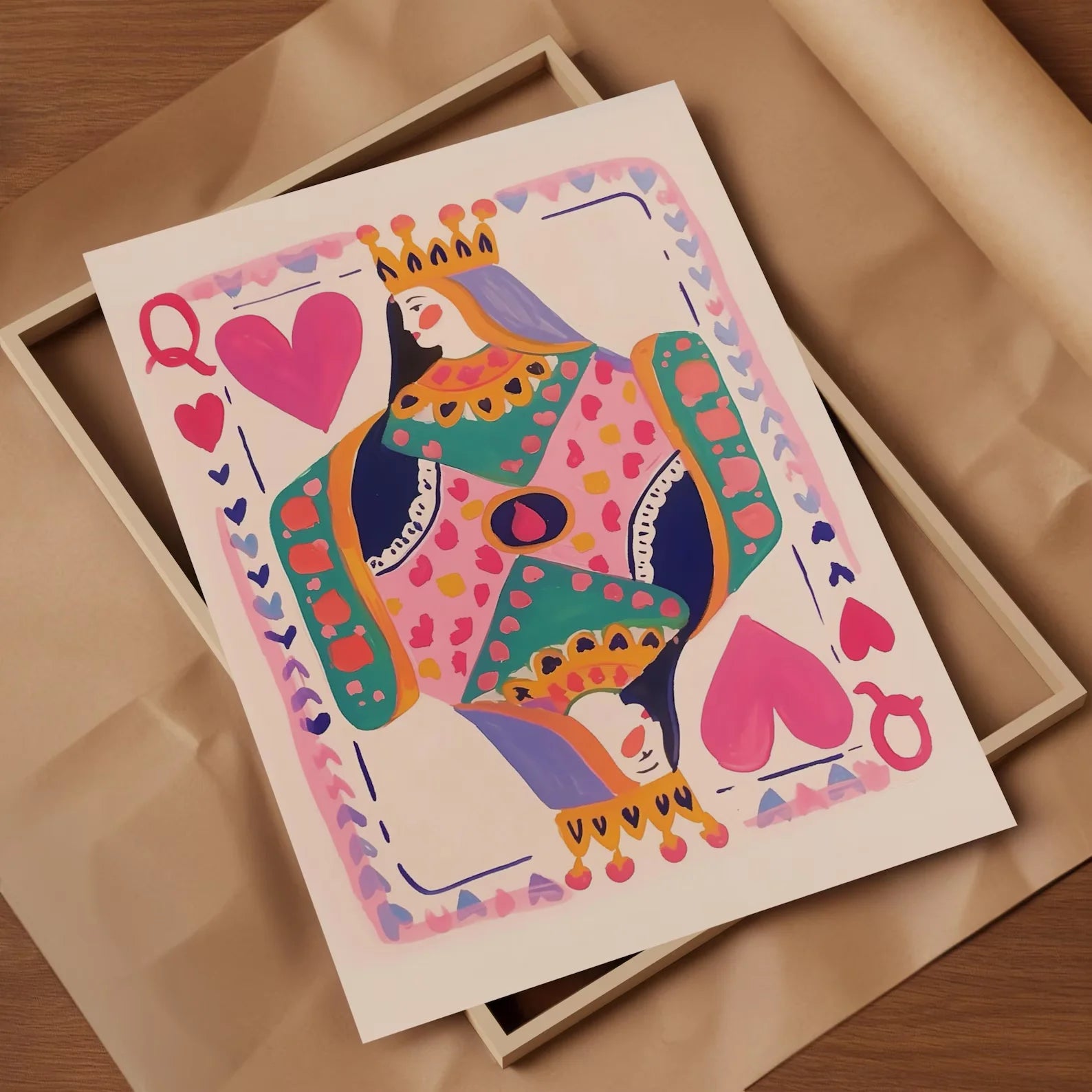 Queen of Hearts Wall Art Print | Colorful Playing Card Digital Download | Maximalist Card Decor | Dopamine Queen Illustration |