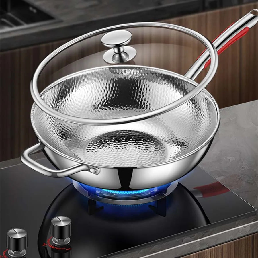 Wok de acero inoxidable de fondo redondo, sartén sin recubrimiento antiadherente, se puede usar en cocinas de inducción cóncavas, para saltear en el hogar
