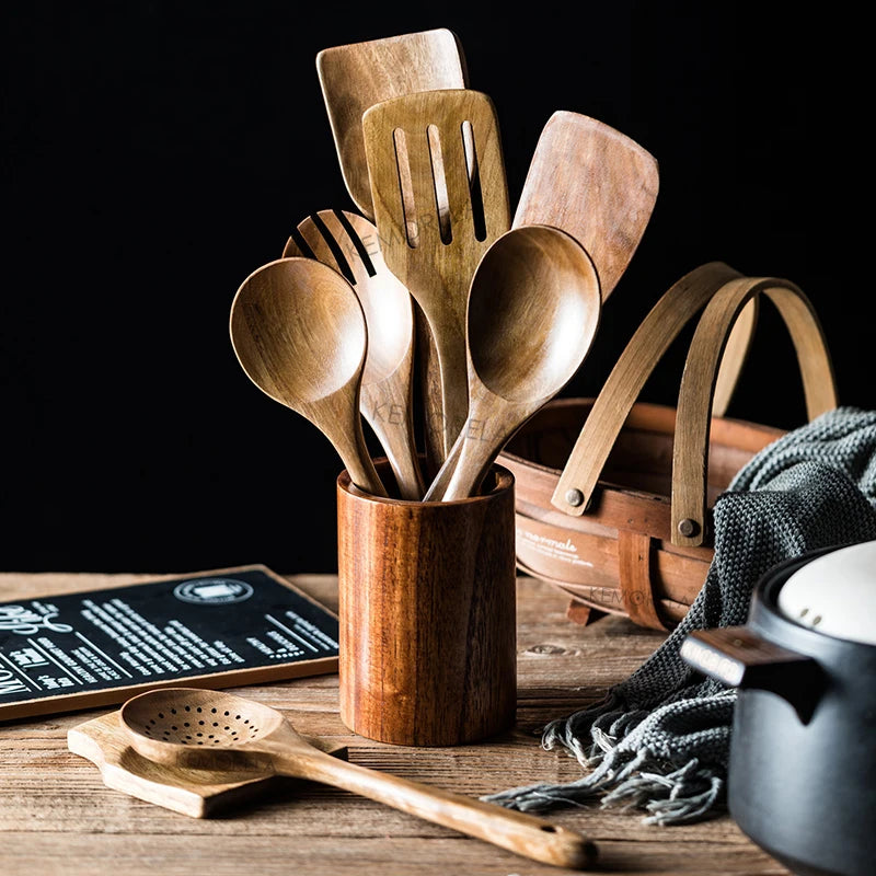 9 ustensiles de cuisine en bois, ensemble d'ustensiles de cuisine en teck avec support, cuillères en bois pour la cuisine